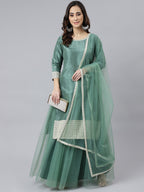 Janasya Women's Mint Green Chinon Solid Kurta With Skirt And Dupatta | Grocsy