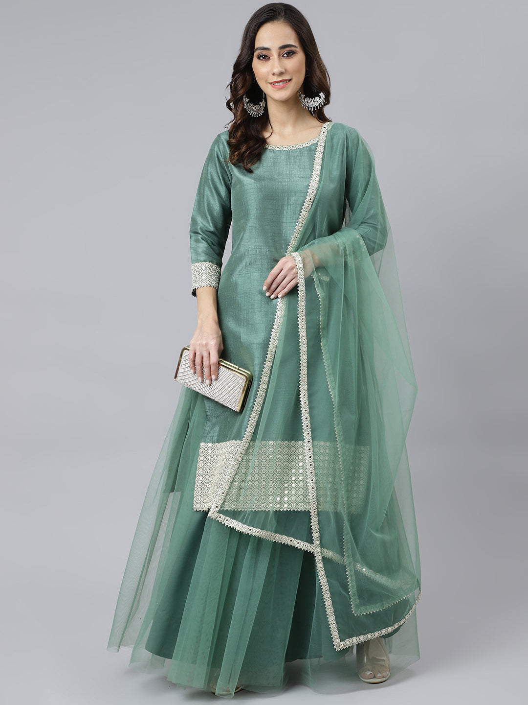 Janasya Women's Mint Green Chinon Solid Kurta With Skirt And Dupatta | Grocsy