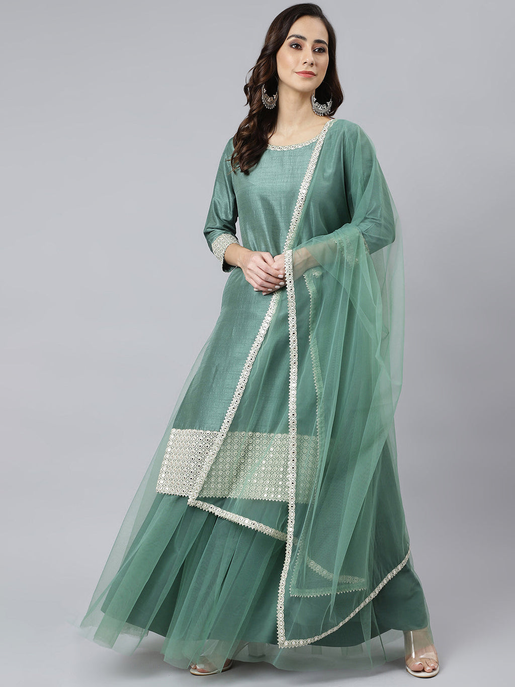 Janasya Women's Mint Green Chinon Solid Kurta With Skirt And Dupatta | Grocsy