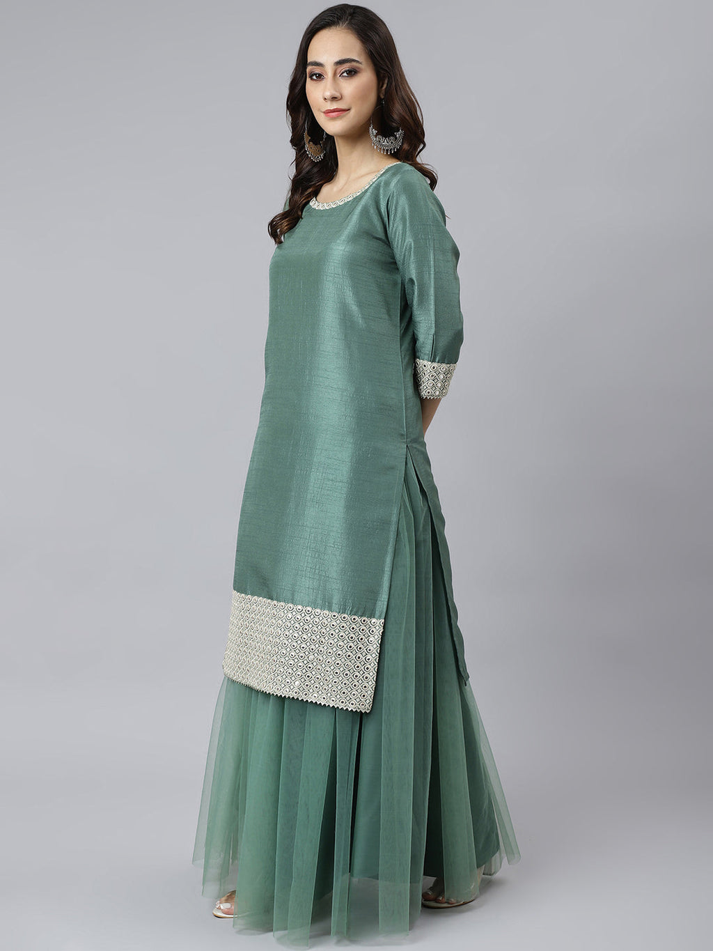 Janasya Women's Mint Green Chinon Solid Kurta With Skirt And Dupatta | Grocsy