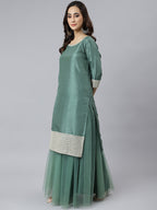 Janasya Women's Mint Green Chinon Solid Kurta With Skirt And Dupatta | Grocsy