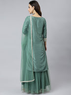 Janasya Women's Mint Green Chinon Solid Kurta With Skirt And Dupatta | Grocsy