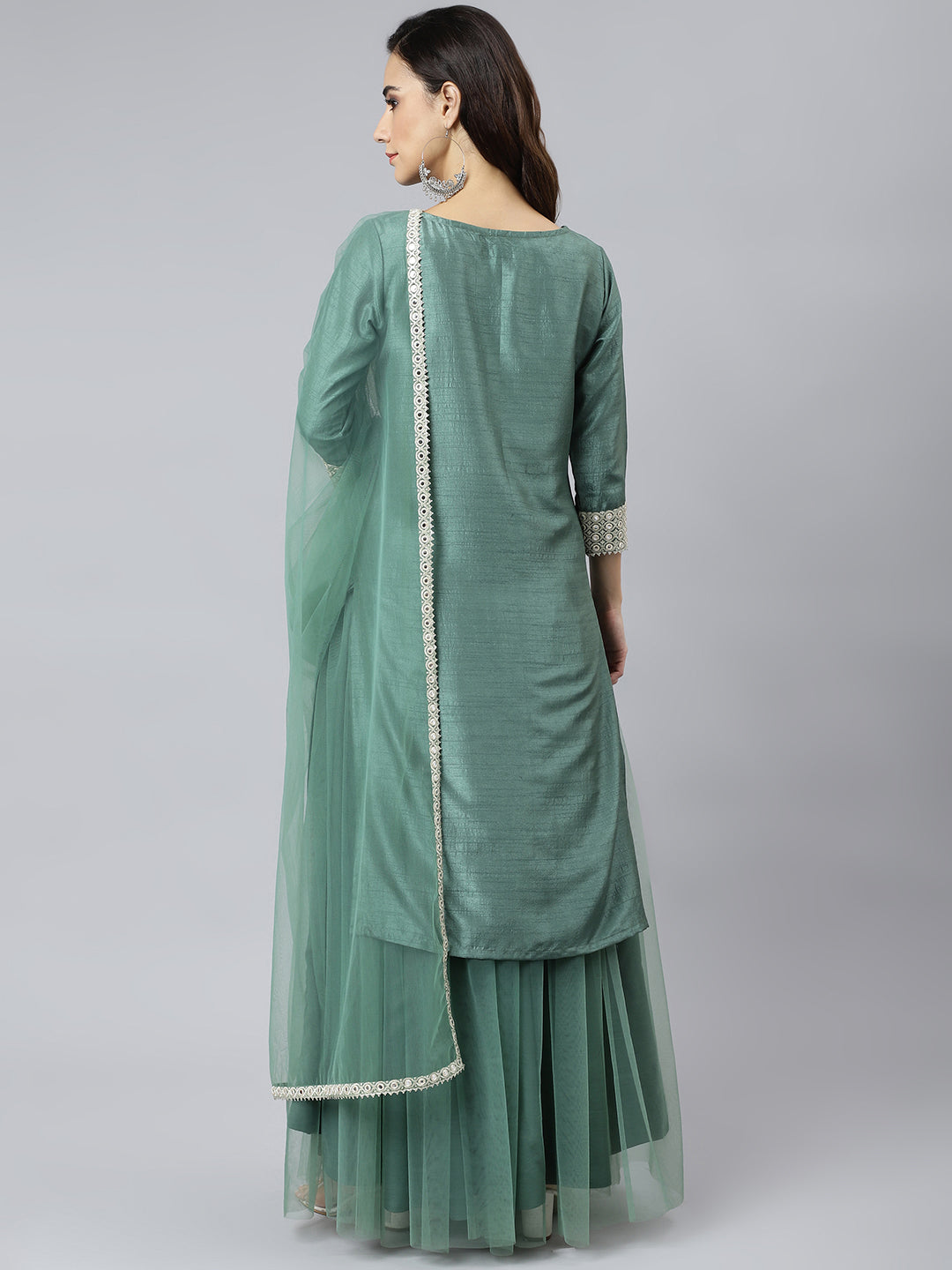 Janasya Women's Mint Green Chinon Solid Kurta With Skirt And Dupatta | Grocsy