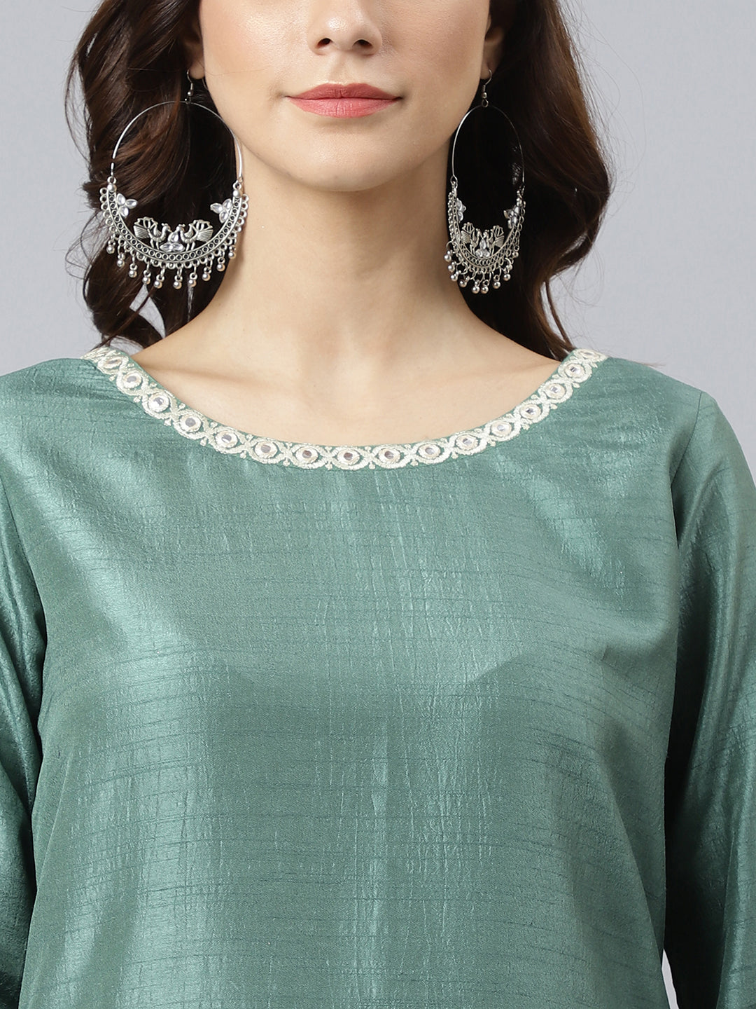 Janasya Women's Mint Green Chinon Solid Kurta With Skirt And Dupatta | Grocsy