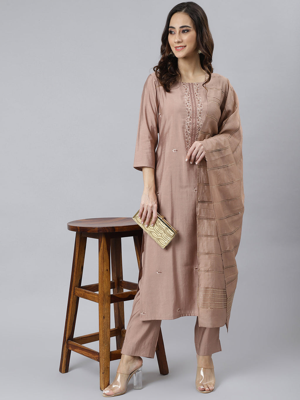 Janasya Women's Dusty Rose Viscose Blend Embroidered Kurta With Pant | Grocsy