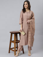 Janasya Women's Dusty Rose Viscose Blend Embroidered Kurta With Pant | Grocsy