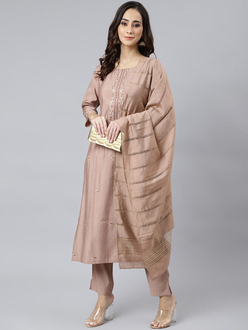 Janasya Women's Dusty Rose Viscose Blend Embroidered Kurta With Pant | Grocsy