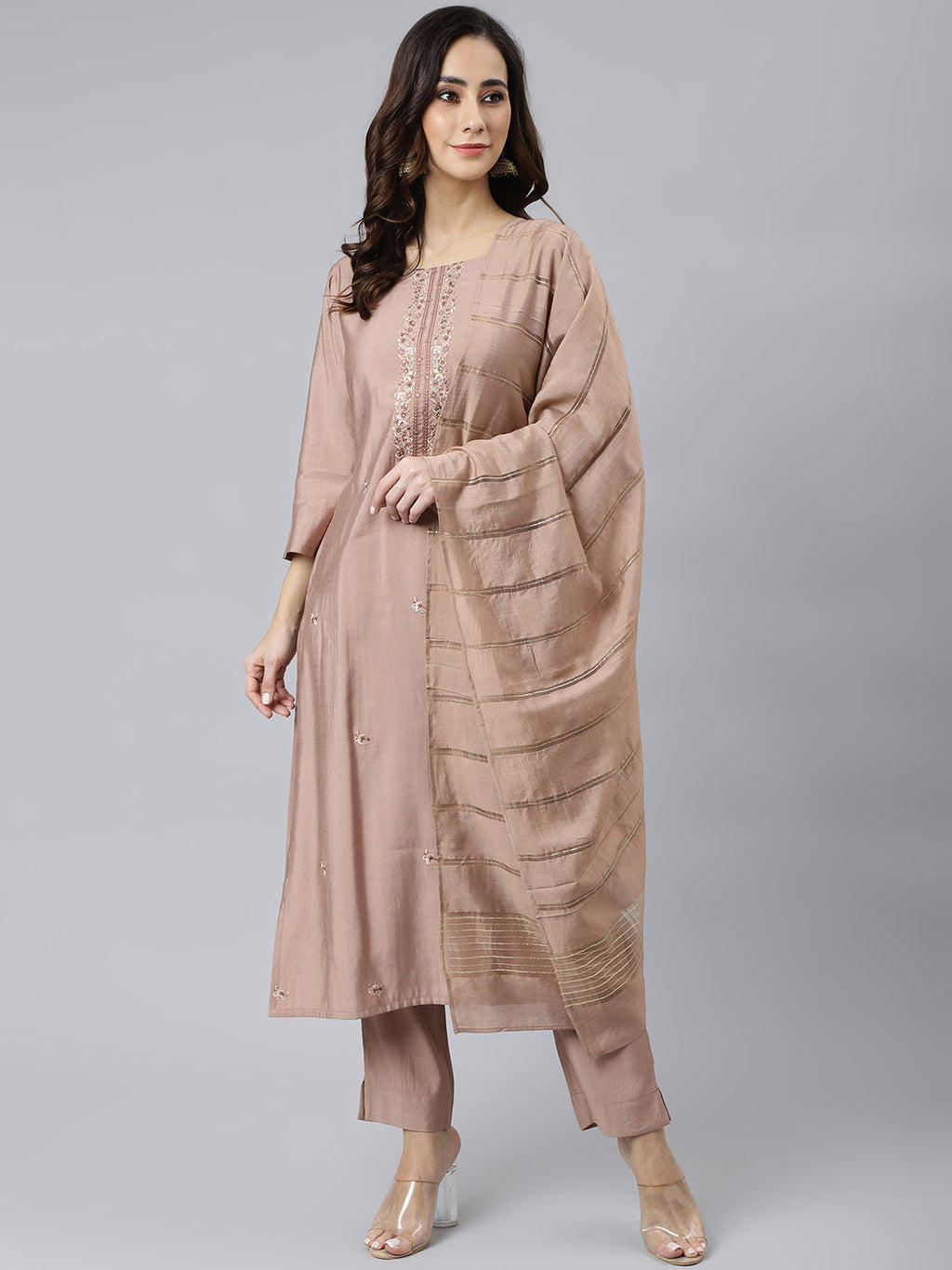 Janasya Women's Dusty Rose Viscose Blend Embroidered Kurta With Pant | Grocsy