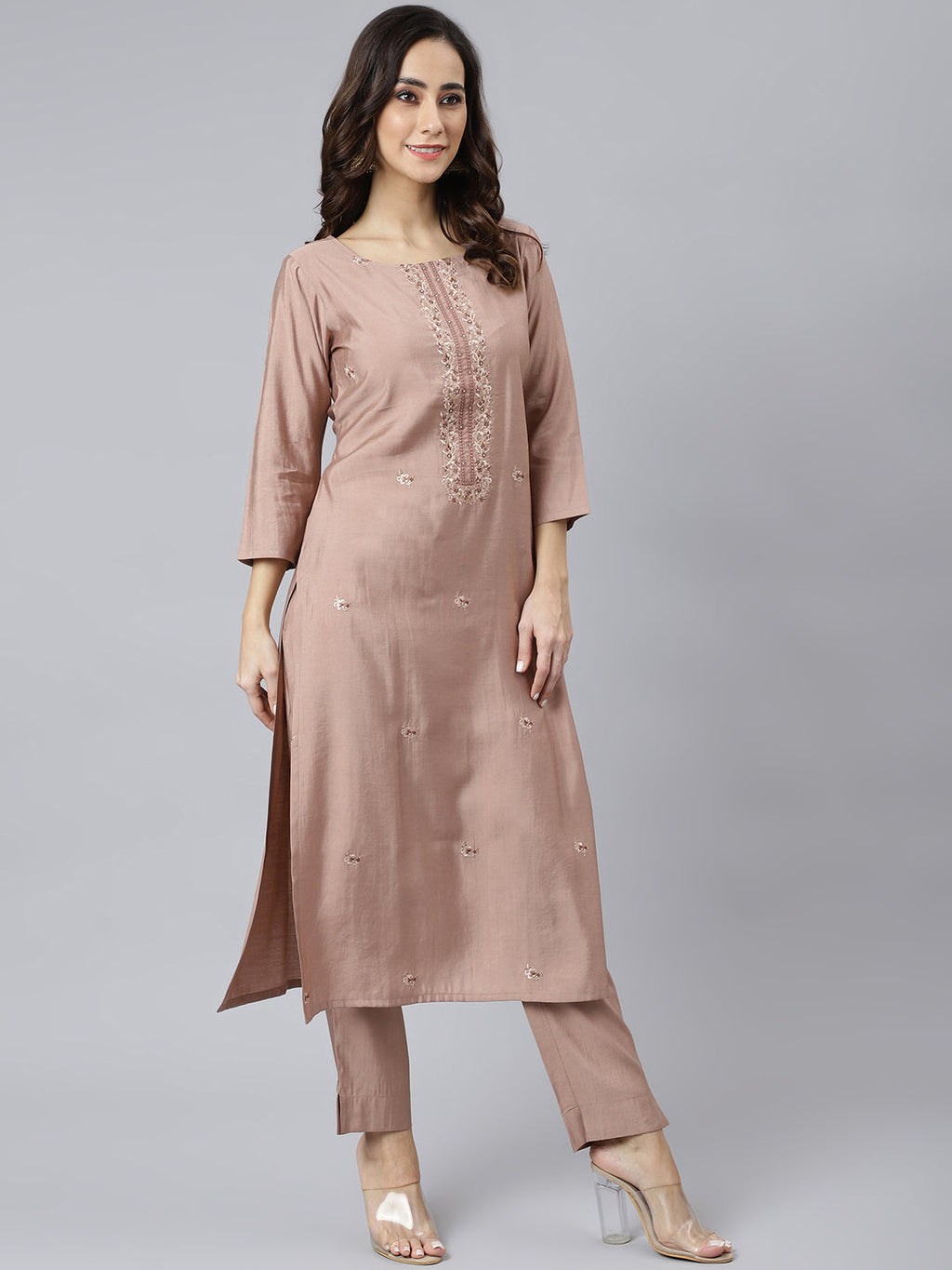 Janasya Women's Dusty Rose Viscose Blend Embroidered Kurta With Pant | Grocsy