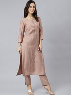 Janasya Women's Dusty Rose Viscose Blend Embroidered Kurta With Pant | Grocsy