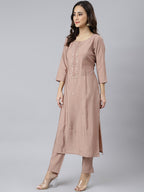 Janasya Women's Dusty Rose Viscose Blend Embroidered Kurta With Pant | Grocsy