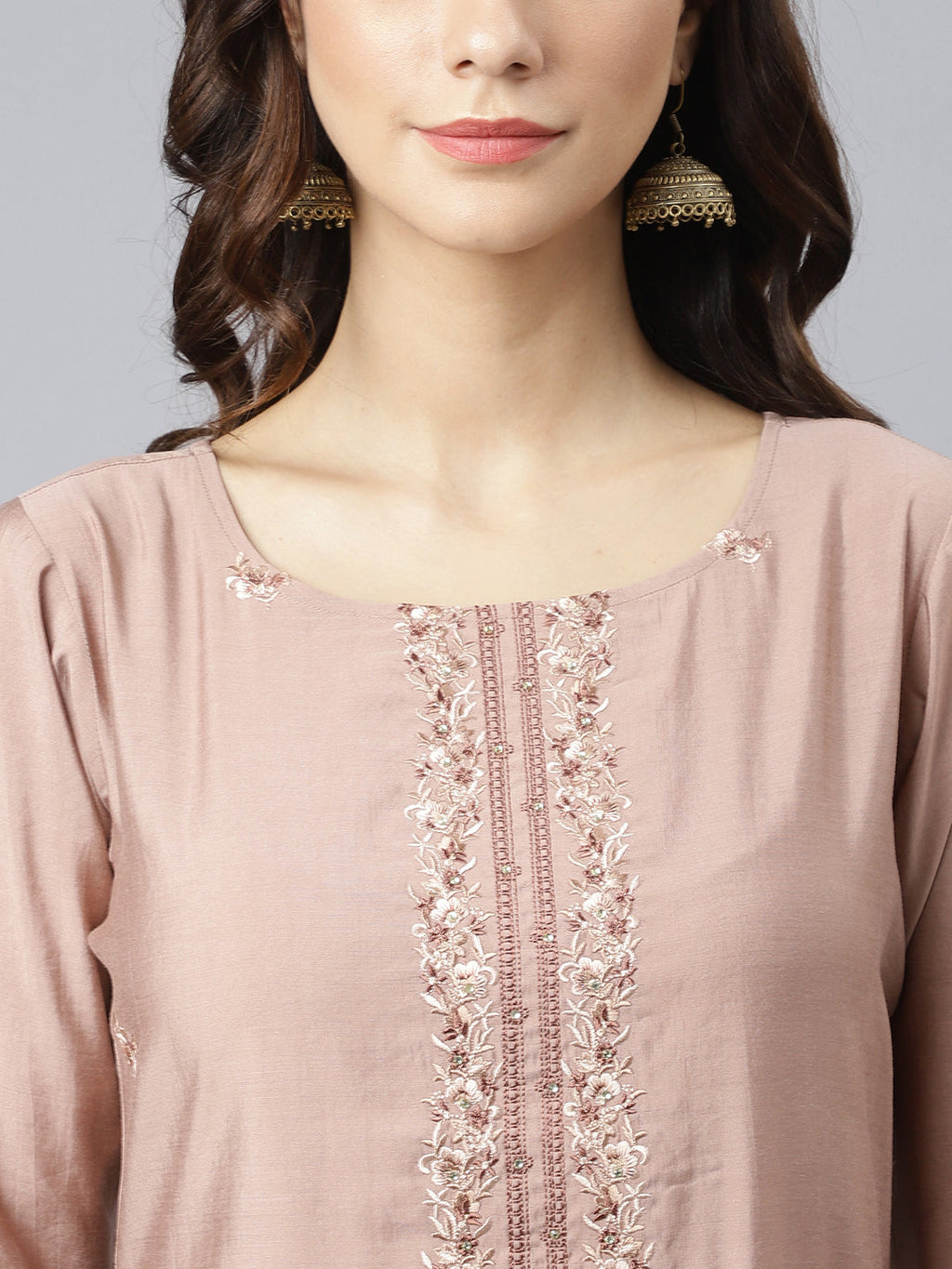 Janasya Women's Dusty Rose Viscose Blend Embroidered Kurta With Pant | Grocsy