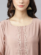Janasya Women's Dusty Rose Viscose Blend Embroidered Kurta With Pant | Grocsy
