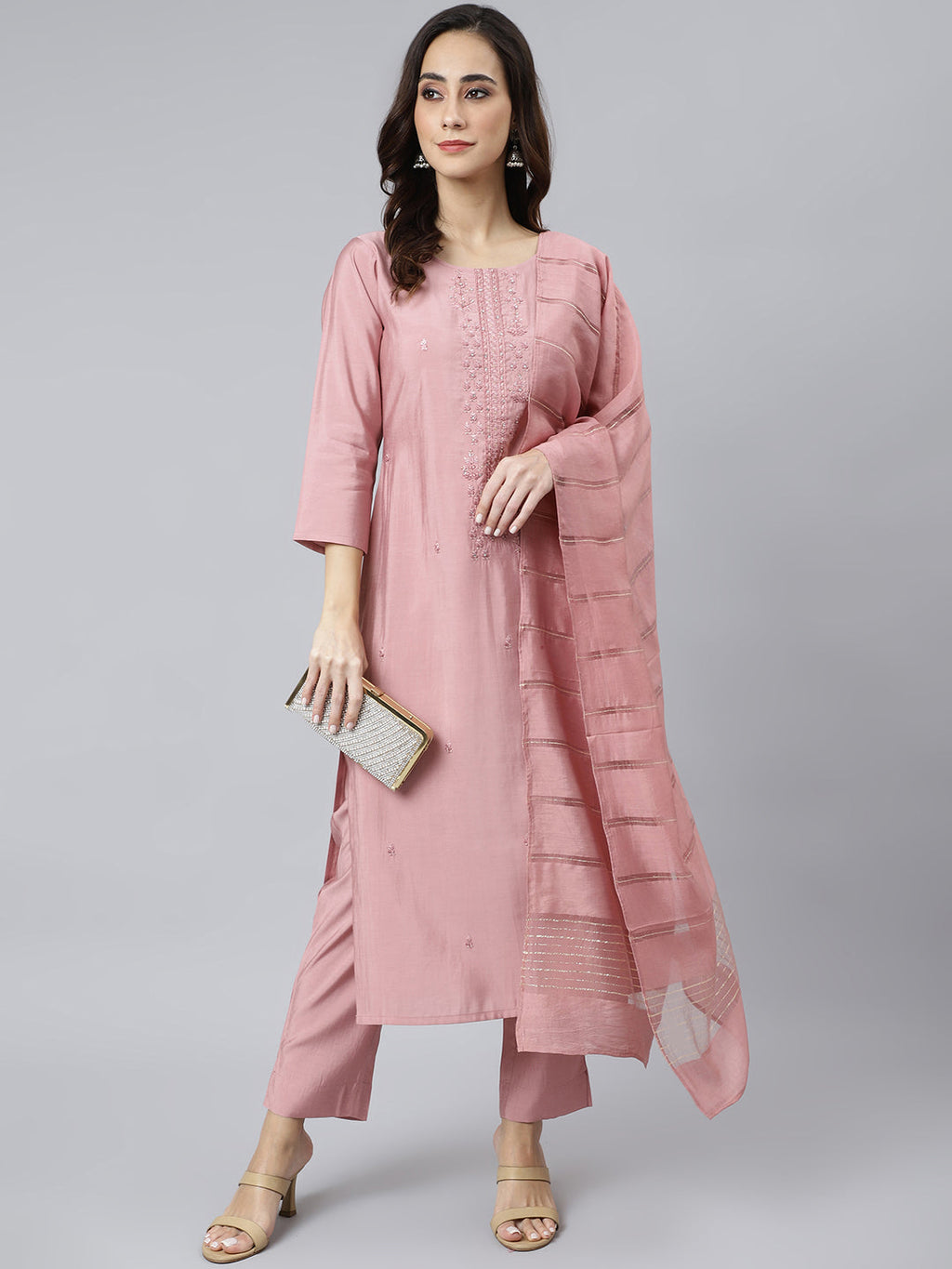 Janasya Women's Light Pink Poly Silk Embroidered Kurta With Pant And Dupatta | Grocsy