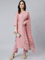 Janasya Women's Light Pink Poly Silk Embroidered Kurta With Pant And Dupatta | Grocsy