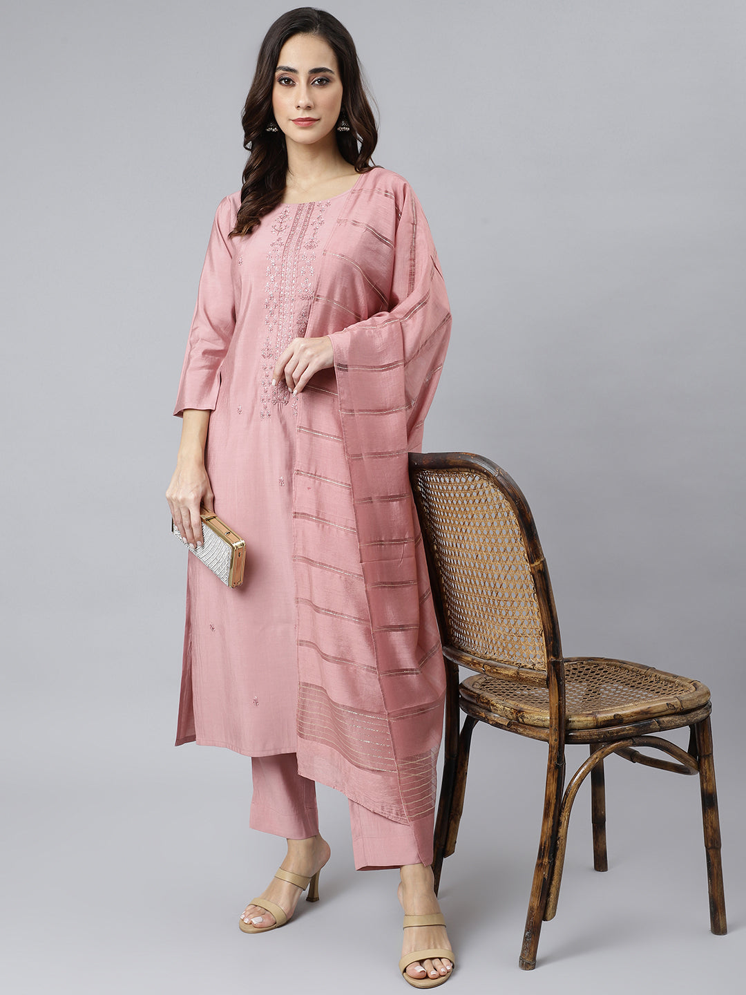Janasya Women's Light Pink Poly Silk Embroidered Kurta With Pant And Dupatta | Grocsy