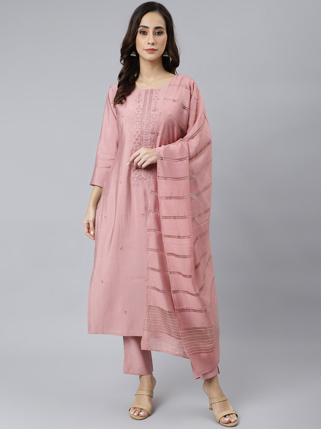 Janasya Women's Light Pink Poly Silk Embroidered Kurta With Pant And Dupatta | Grocsy