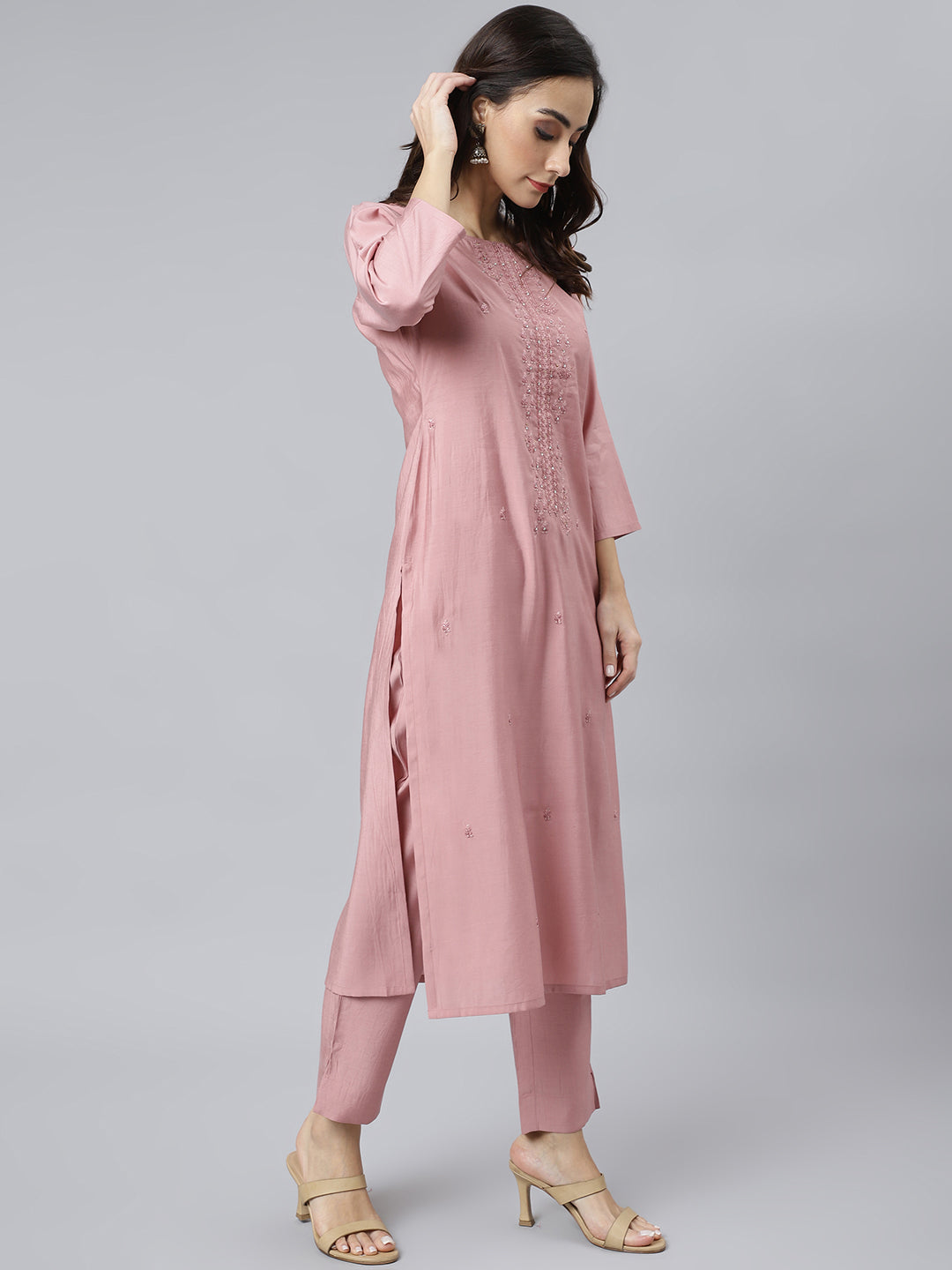 Janasya Women's Light Pink Poly Silk Embroidered Kurta With Pant And Dupatta | Grocsy