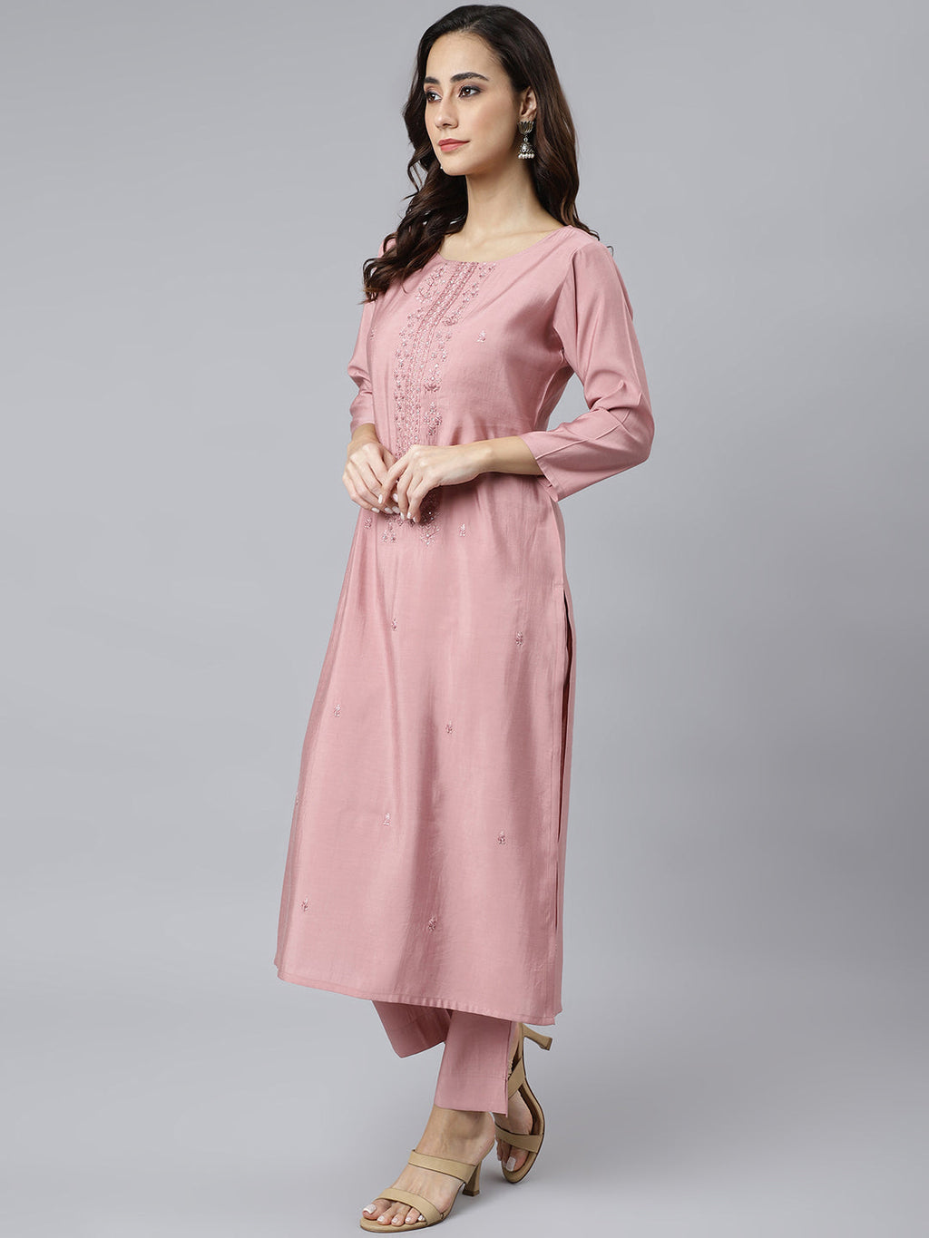 Janasya Women's Light Pink Poly Silk Embroidered Kurta With Pant And Dupatta | Grocsy