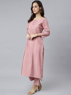 Janasya Women's Light Pink Poly Silk Embroidered Kurta With Pant And Dupatta | Grocsy