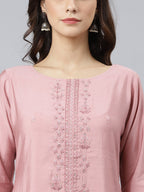 Janasya Women's Light Pink Poly Silk Embroidered Kurta With Pant And Dupatta | Grocsy