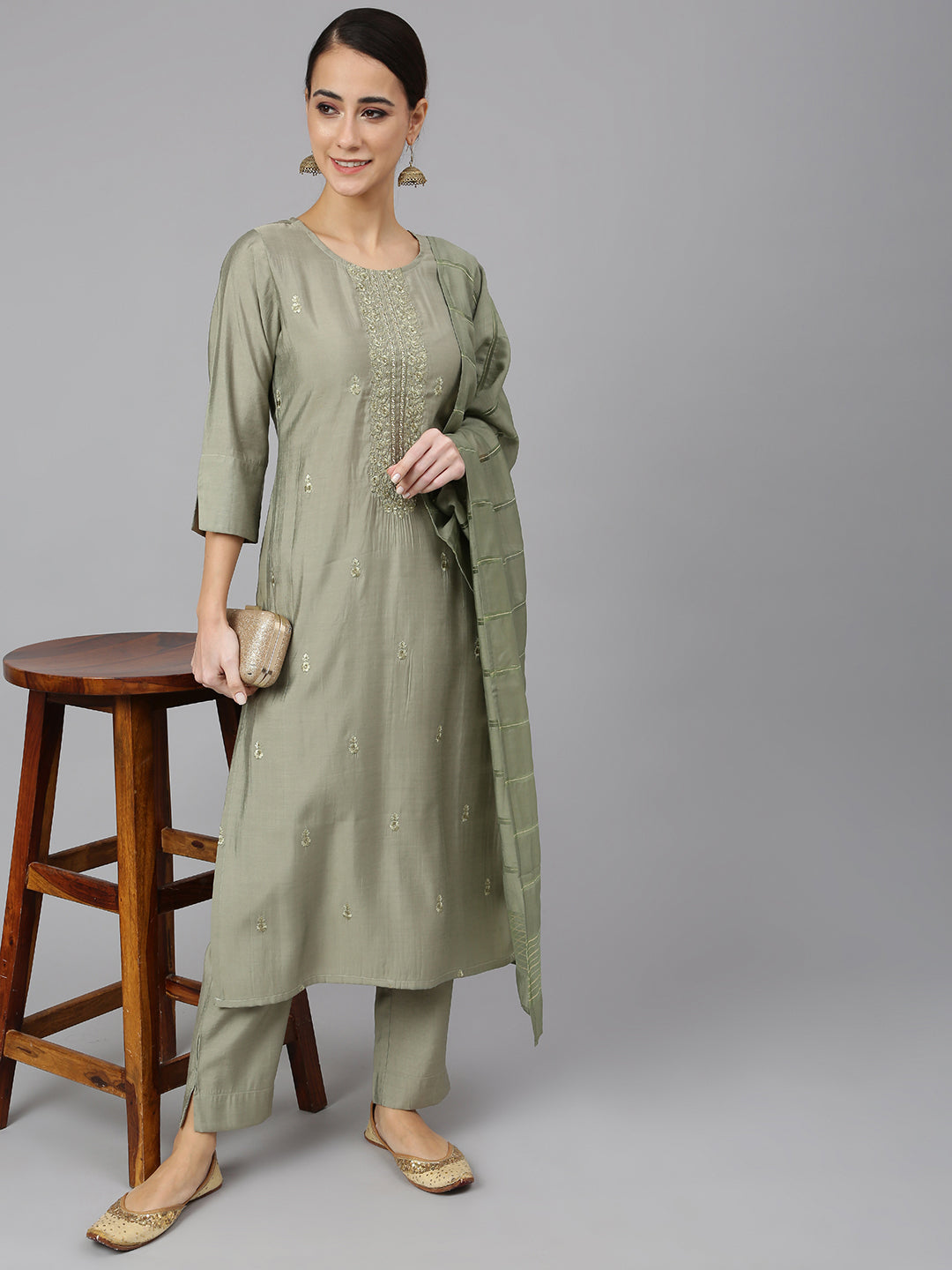 Janasya Women's Sage Green Viscose Blend Embroidered Kurta With Pant And Dupatta | Grocsy