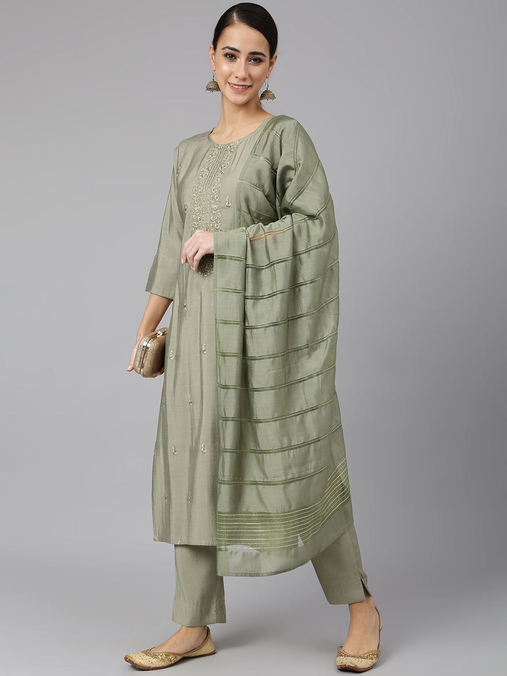 Janasya Women's Sage Green Viscose Blend Embroidered Kurta With Pant And Dupatta | Grocsy