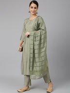 Janasya Women's Sage Green Viscose Blend Embroidered Kurta With Pant And Dupatta | Grocsy