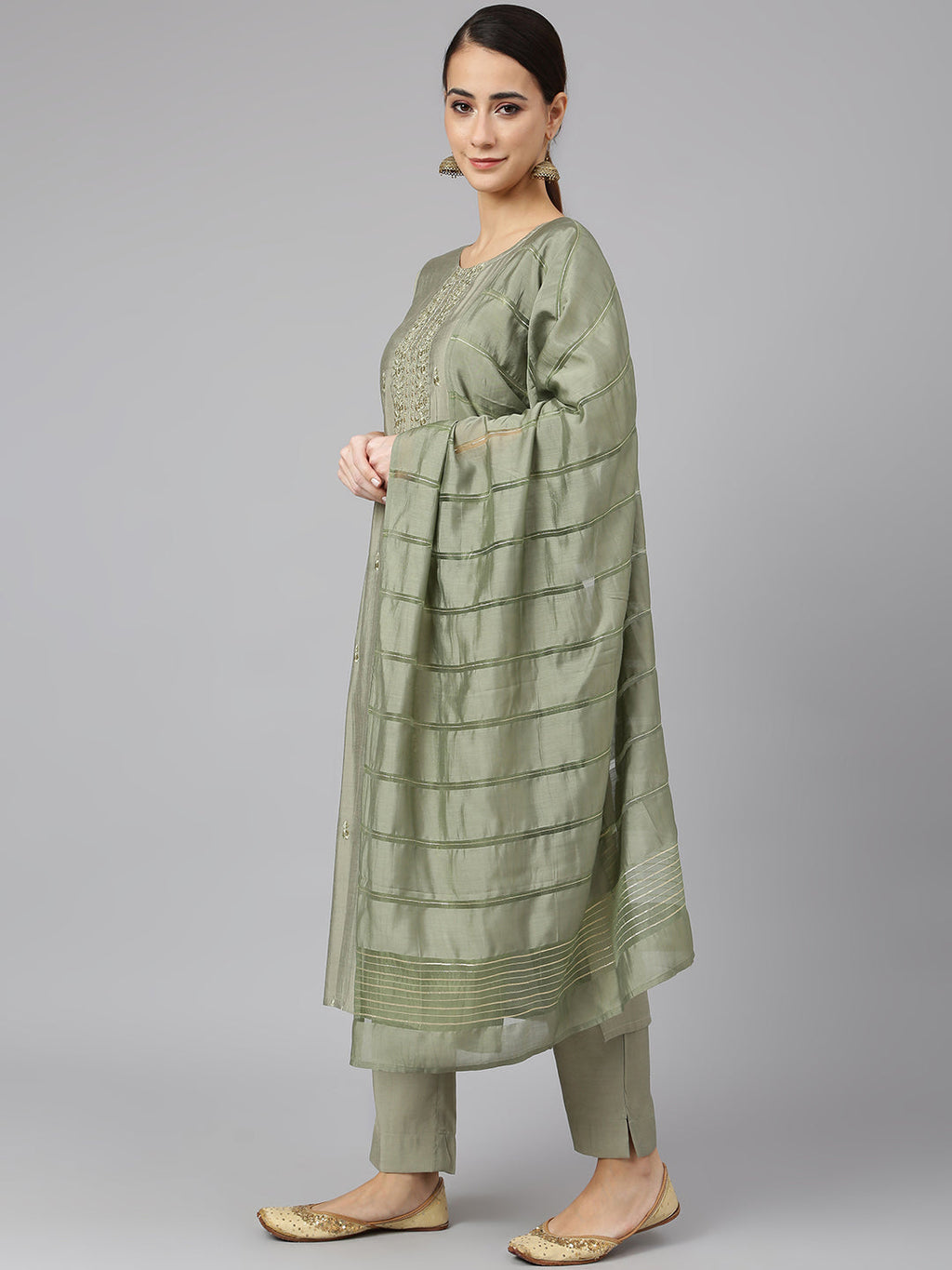 Janasya Women's Sage Green Viscose Blend Embroidered Kurta With Pant And Dupatta | Grocsy