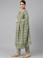 Janasya Women's Sage Green Viscose Blend Embroidered Kurta With Pant And Dupatta | Grocsy