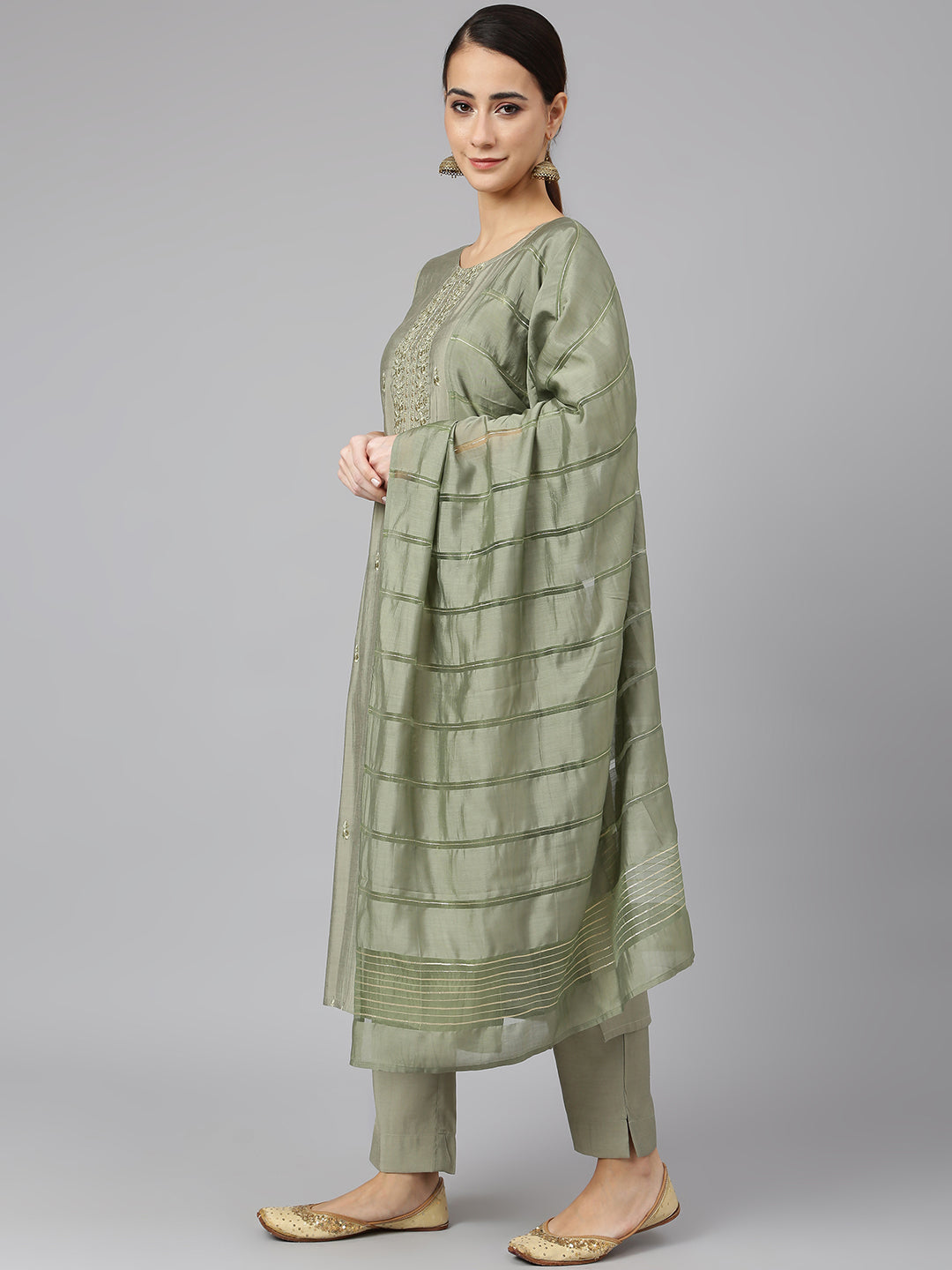Janasya Women's Sage Green Viscose Blend Embroidered Kurta With Pant And Dupatta | Grocsy