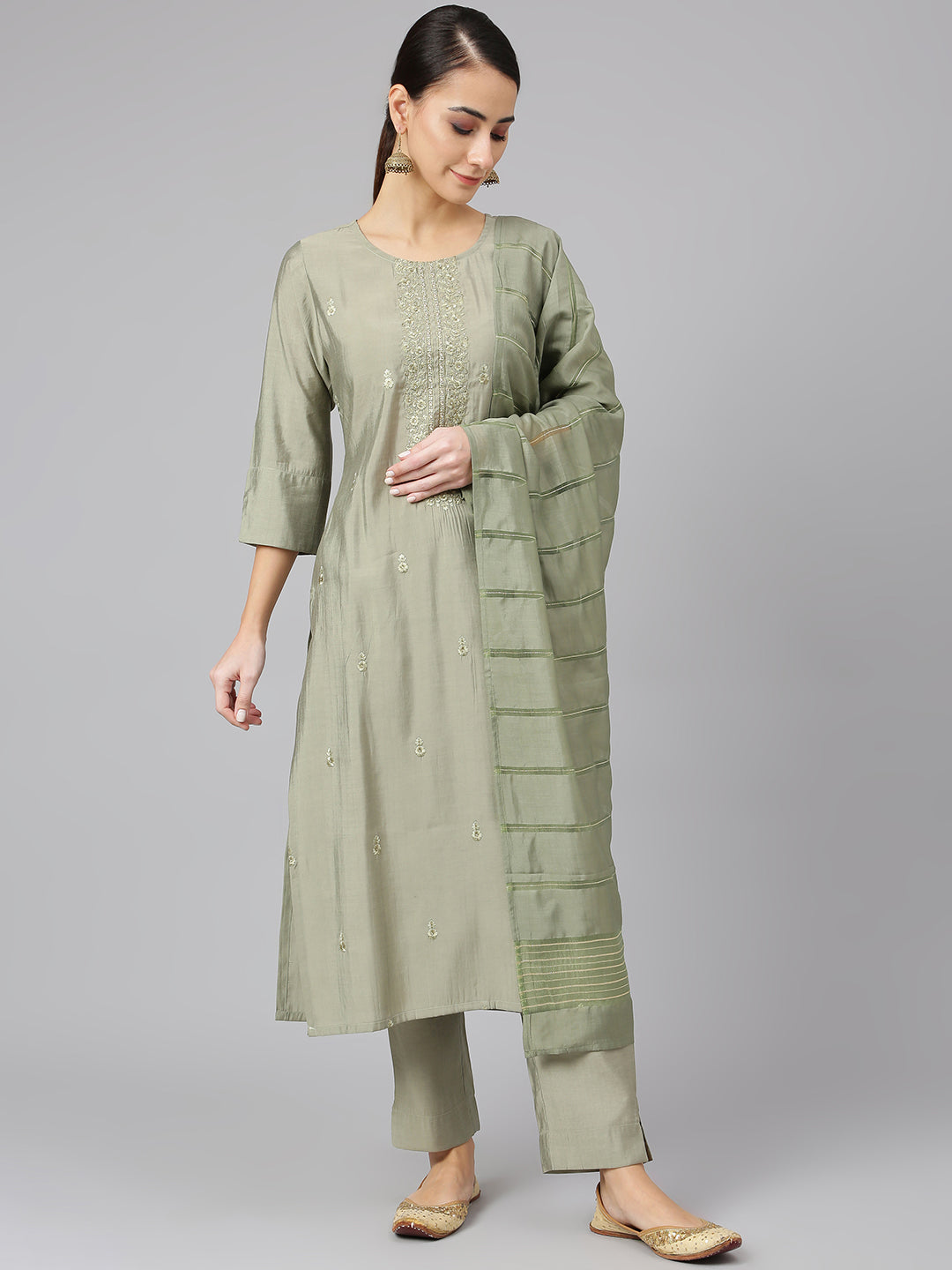 Janasya Women's Sage Green Viscose Blend Embroidered Kurta With Pant And Dupatta | Grocsy