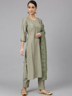 Janasya Women's Sage Green Viscose Blend Embroidered Kurta With Pant And Dupatta | Grocsy