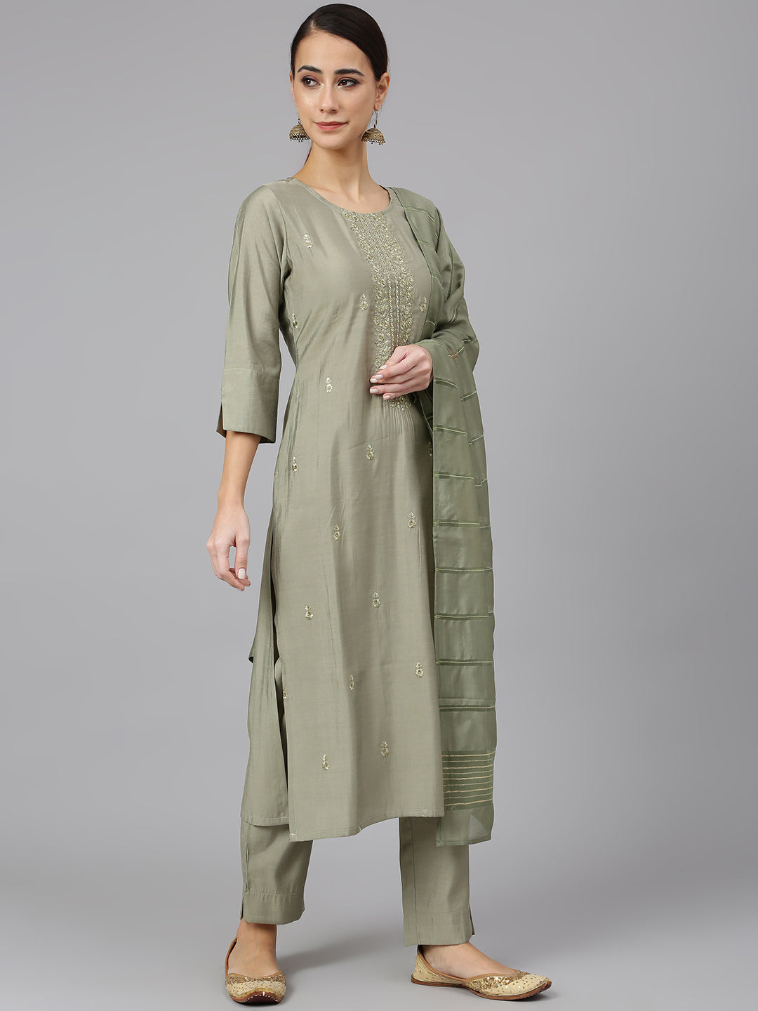 Janasya Women's Sage Green Viscose Blend Embroidered Kurta With Pant And Dupatta | Grocsy