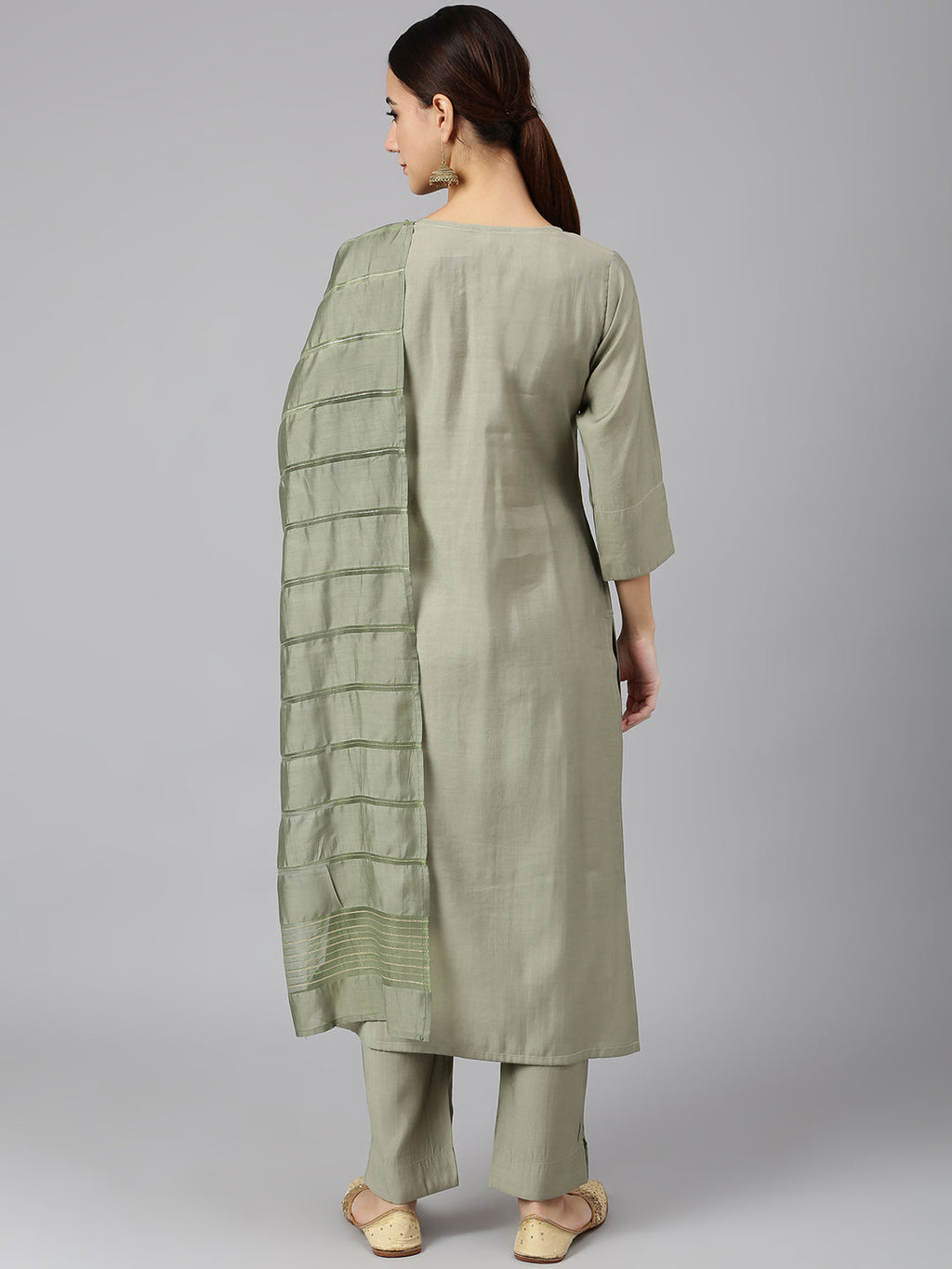 Janasya Women's Sage Green Viscose Blend Embroidered Kurta With Pant And Dupatta | Grocsy