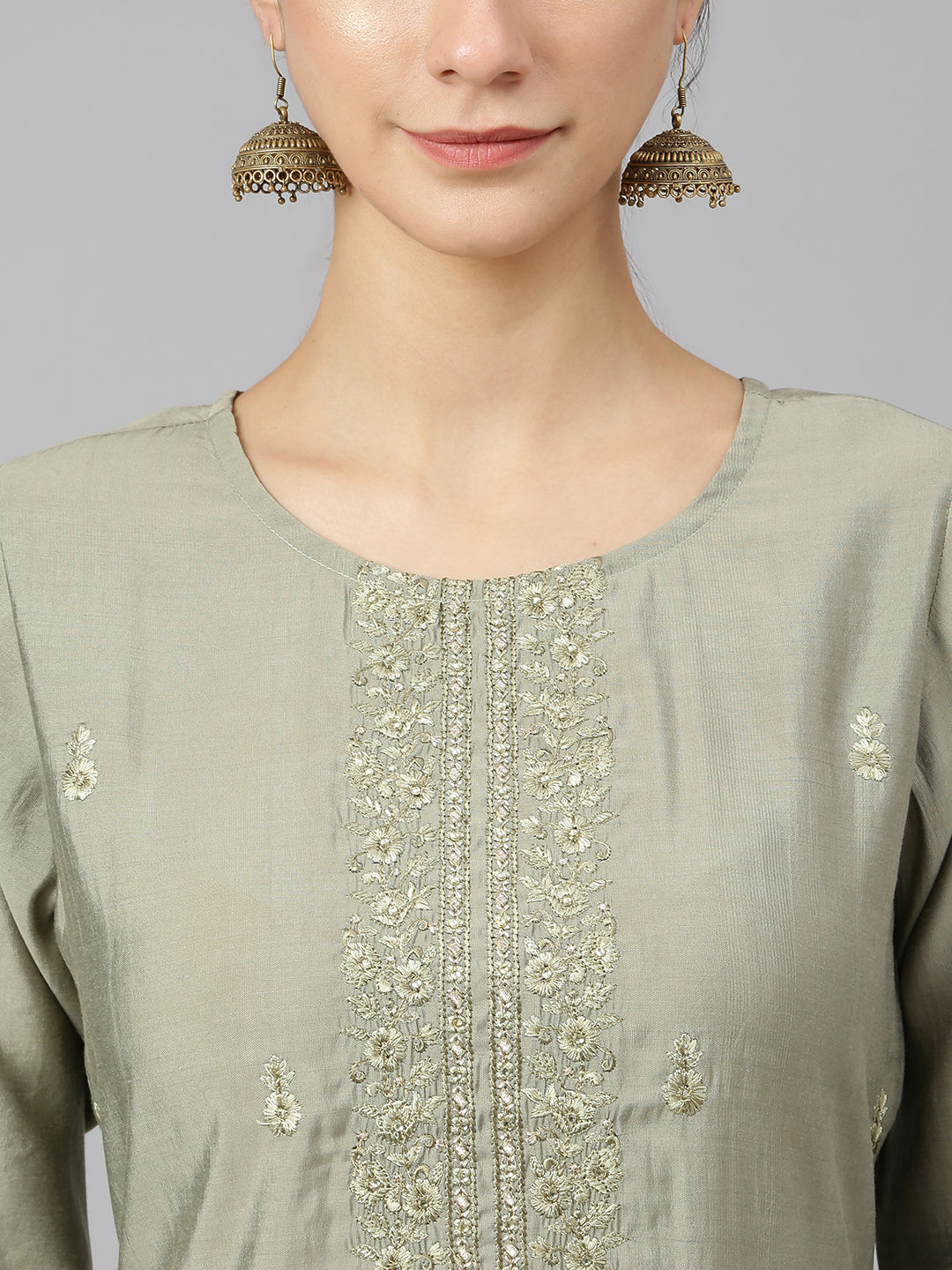 Janasya Women's Sage Green Viscose Blend Embroidered Kurta With Pant And Dupatta | Grocsy