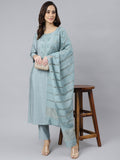 Janasya Women's Dusty Blue Viscose Blend Embroidered Kurta With Pant | Grocsy