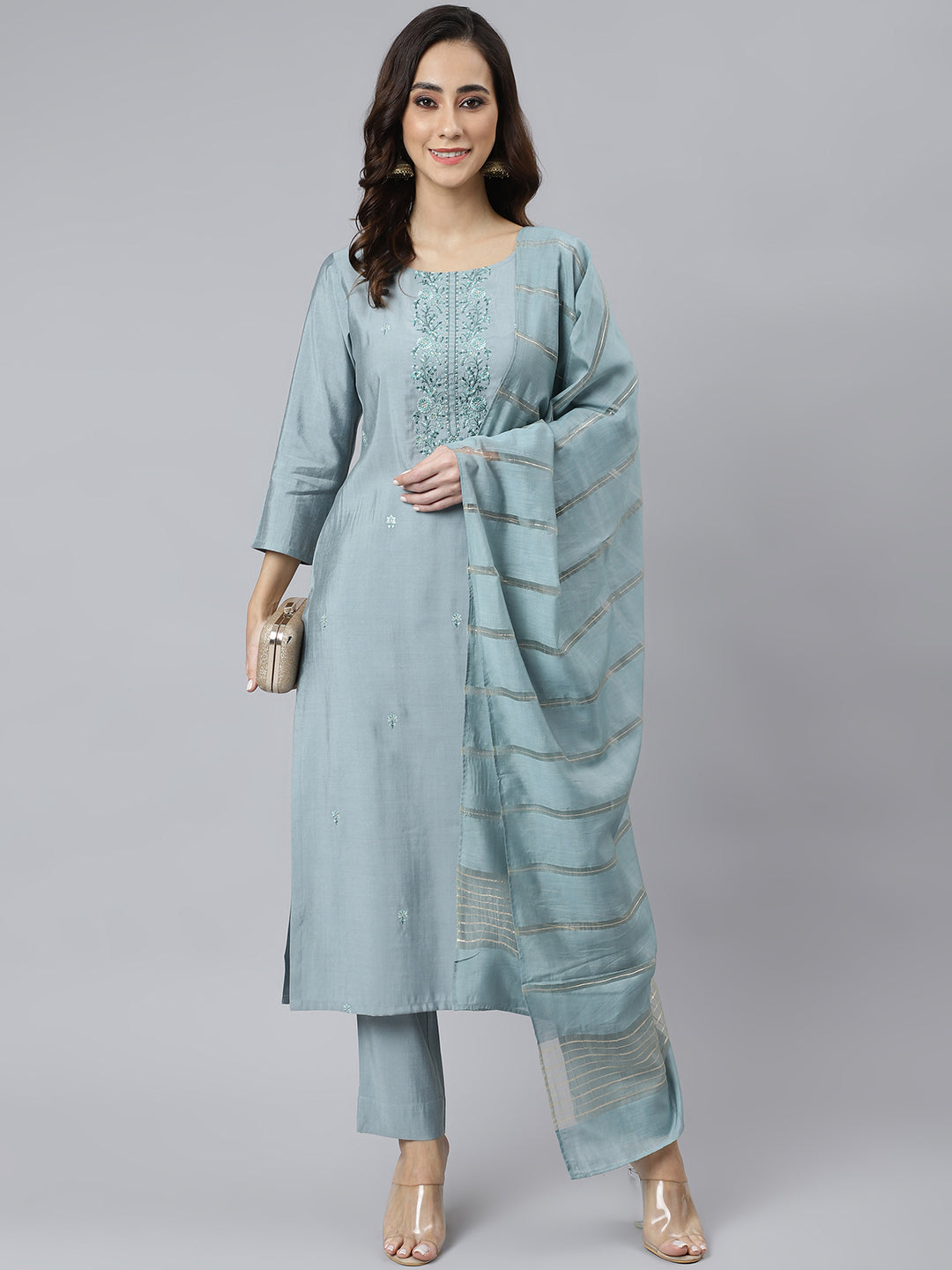 Janasya Women's Dusty Blue Viscose Blend Embroidered Kurta With Pant | Grocsy