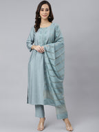 Janasya Women's Dusty Blue Viscose Blend Embroidered Kurta With Pant | Grocsy