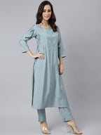 Janasya Women's Dusty Blue Viscose Blend Embroidered Kurta With Pant | Grocsy