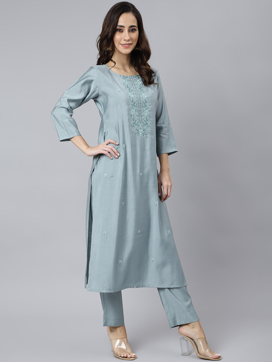 Janasya Women's Dusty Blue Viscose Blend Embroidered Kurta With Pant | Grocsy