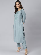 Janasya Women's Dusty Blue Viscose Blend Embroidered Kurta With Pant | Grocsy
