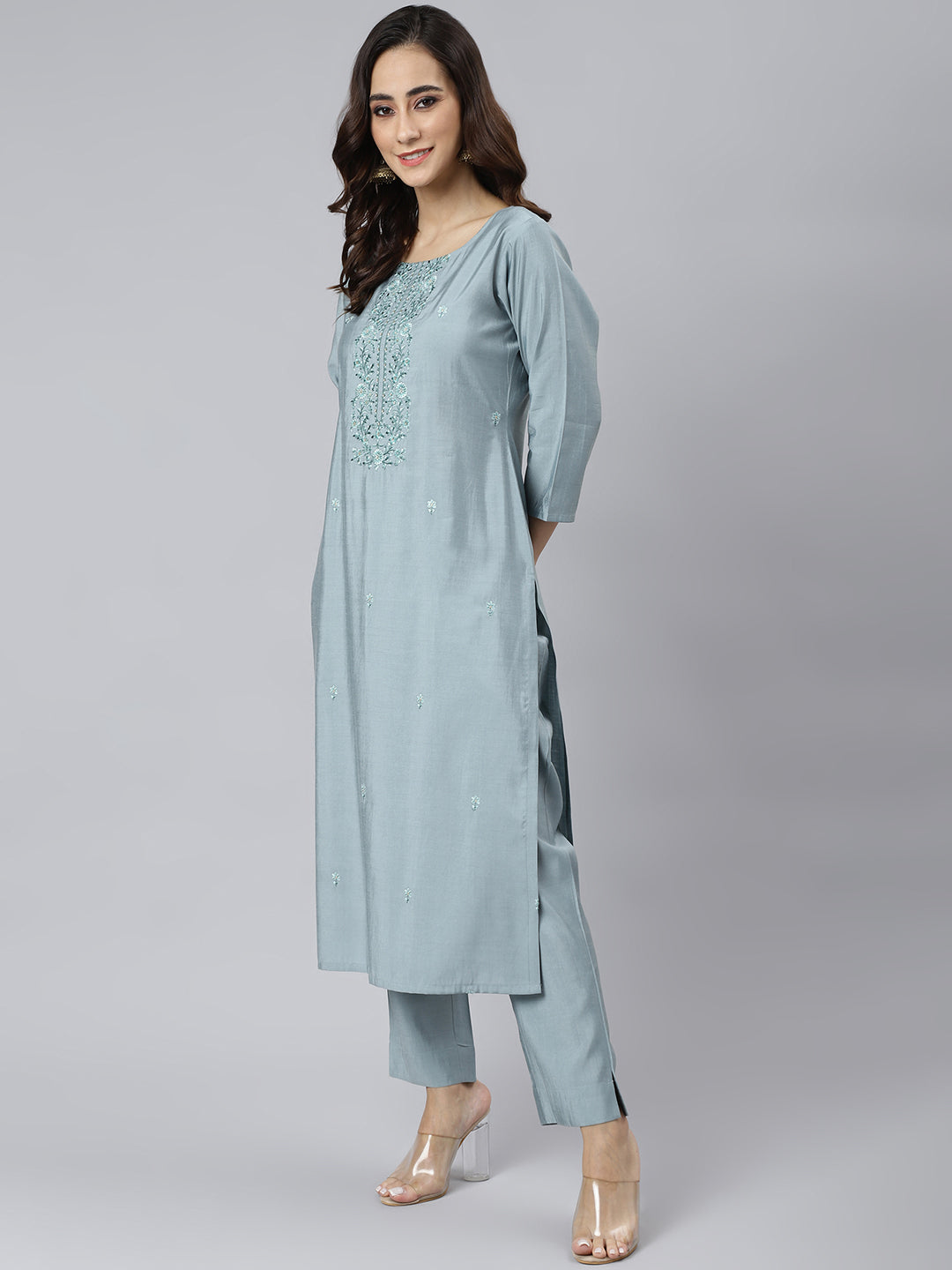 Janasya Women's Dusty Blue Viscose Blend Embroidered Kurta With Pant | Grocsy