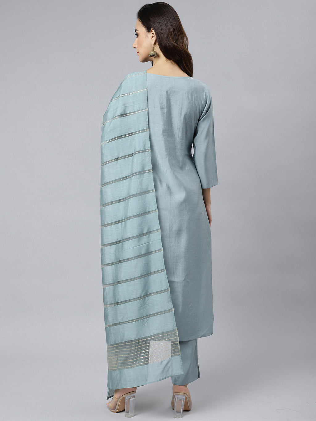 Janasya Women's Dusty Blue Viscose Blend Embroidered Kurta With Pant | Grocsy