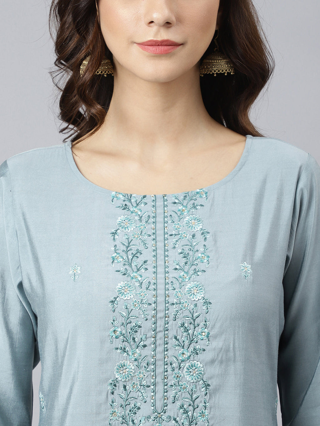 Janasya Women's Dusty Blue Viscose Blend Embroidered Kurta With Pant | Grocsy