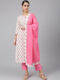 Janasya Women's Off White Cotton Floral Print Kurta With Pant And Dupatta | Grocsy