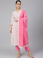 Janasya Women's Off White Cotton Floral Print Kurta With Pant And Dupatta | Grocsy