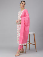 Janasya Women's Off White Cotton Floral Print Kurta With Pant And Dupatta | Grocsy