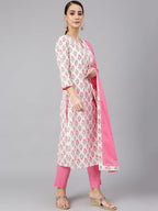 Janasya Women's Off White Cotton Floral Print Kurta With Pant And Dupatta | Grocsy