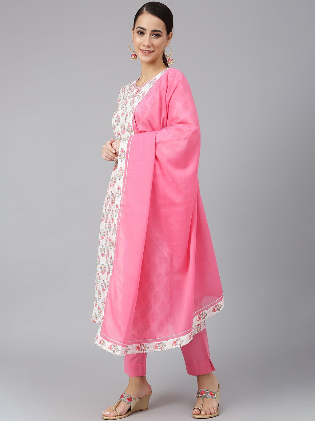 Janasya Women's Off White Cotton Floral Print Kurta With Pant And Dupatta | Grocsy